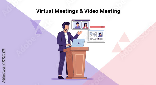 Man Presenting Virtual Meetings Online from Podium with Laptop
