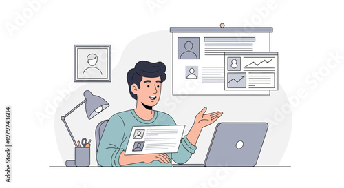 Man presenting resume and charts on laptop, online job interview, remote work concept