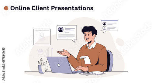 Man presenting online to clients on laptop, remote work concept