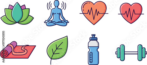Health and wellness icon set with yoga meditation heart rate fitness and nutrition symbols for healthy lifestyle