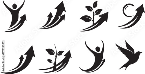 Black Silhouette Icons of Growth and Freedom Symbols