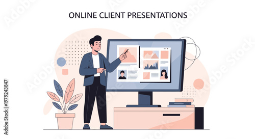 Man presenting online client presentation on monitor, remote work concept