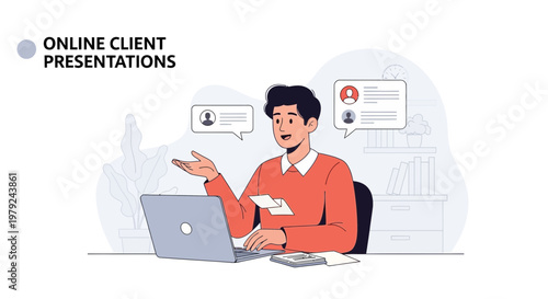 Man presenting online client meeting on laptop, remote work, virtual communication