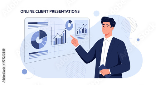 Man presenting online client data charts on screen, business presentation