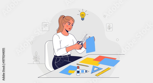 Creative woman cutting paper for craft project, idea bulb above