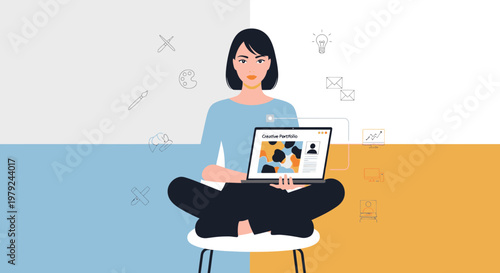 Creative Woman Working on Online Portfolio Laptop, Digital Art and Design Concepts