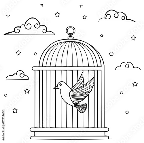 Stylized illustration of a bird emerging from a cage among clouds and stars, representing freedom and aspiration.