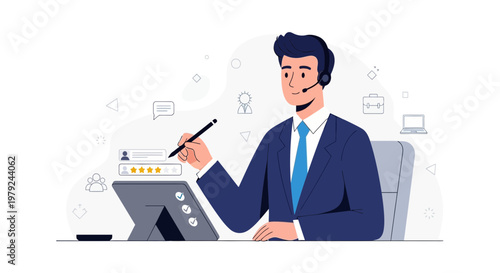 Customer service agent rating feedback on tablet, online support, positive review concept