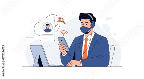 Customer service agent wearing mask and headset, using phone and laptop, online support concept