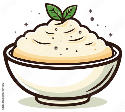 Creamy mashed potatoes in a bowl with fresh herbs, a delicious food illustration.