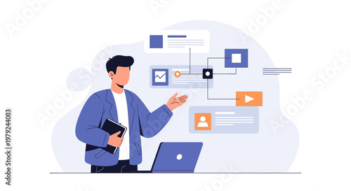 Man presenting data and information from laptop, business analytics concept