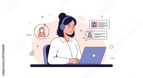 Customer service agent with headphones on laptop, online communication, support concept