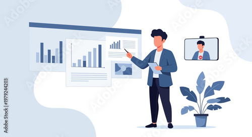 Man presenting business charts and graphs during online video conference