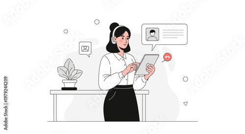 Customer service operator with headset using tablet for online communication and support