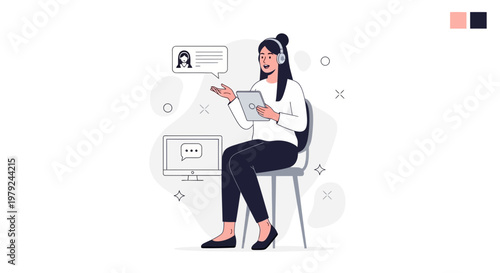 Customer Service Representative with Headphones and Tablet, Online Communication