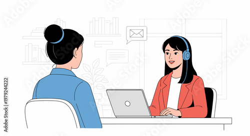 Customer service representative with headset and laptop assisting a client in an office