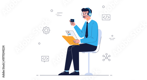 Customer Service Representative with Headset and ID Card, Working Remotely