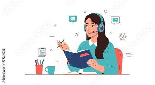 Customer service representative with headset, reading book, and writing notes at desk