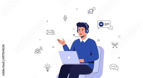 Customer service representative with laptop and headset, icons of communication and teamwork