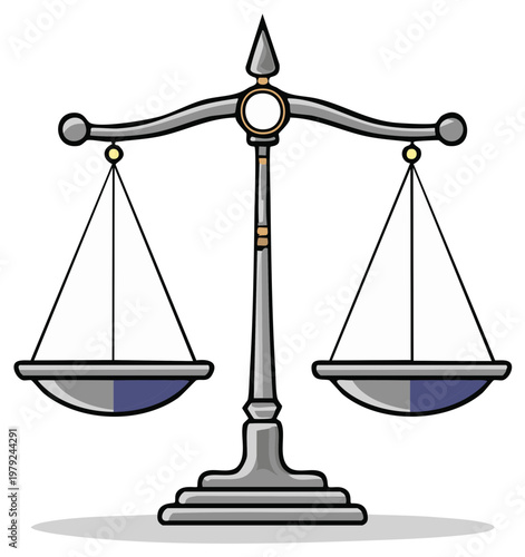 Illustration of a balanced grey weighing scale with two empty pans for justice and measurement