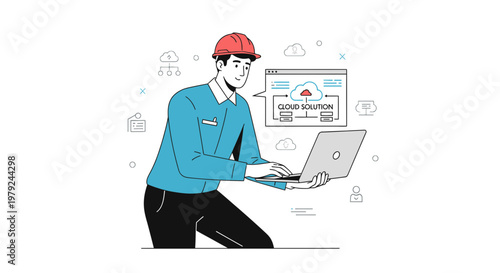 Engineer with Laptop Planning Cloud Solution, Digital Network Technology
