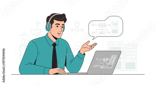 IT Support Specialist with Headphones and Laptop, Discussing System Architecture