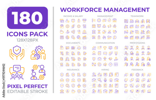Workforce management two color line icons set collection. Talents hiring strategy. Salary and employee payrolls bicolor outline mega pack isolated, pixel perfect. Duotone thin lineart. Editable stroke