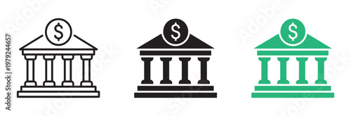 Bank building icon set with dollar sign, financial institution vector symbols in outline and solid styles, banking and investment graphics