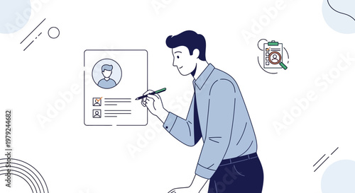 Man filling out resume or application form, job search, recruitment concept