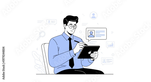 Man in blue shirt using tablet, digital interface, online profile, business concept illustration