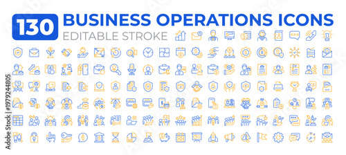 Business operations two color two color line icons big set. Core activities an organization. Commerce bicolor outline mega pack isolated, pixel perfect. Duotone thin lineart. Editable stroke