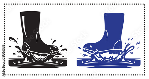 Rubber boot splashing in puddle black and blue silhouette vector illustration with water drops on white background.