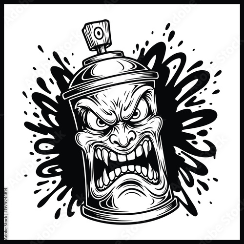 Angry graffiti spray paint can character illustration, black and white cartoon style with aggressive expression and splash background.