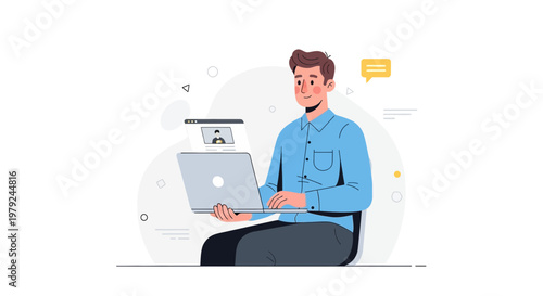 Man in blue shirt on video call, working on laptop, online communication concept