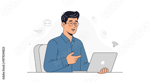 Man in Blue Shirt Working on Laptop, Online Meeting, Remote Work Concept