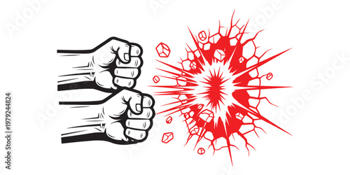 Two clenched fists hitting a wall causing a red explosion with flying debris in a powerful illustration.