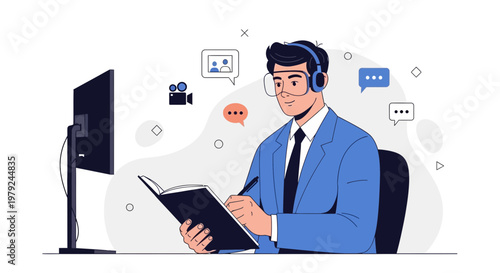 Man in Blue Suit with Headphones Working on Computer and Taking Notes