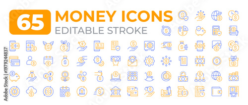 Money two color two color line icons big set. Financial operations control. Payment system. Business service bicolor outline mega pack isolated, pixel perfect. Duotone thin lineart. Editable stroke