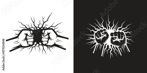 Two distinct illustrations featuring clenched fists breaking through a cracked surface, one on white and one on black background.