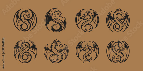 Dragon silhouettes coiled within circles in various poses and styles mythical creature symbol collection.
