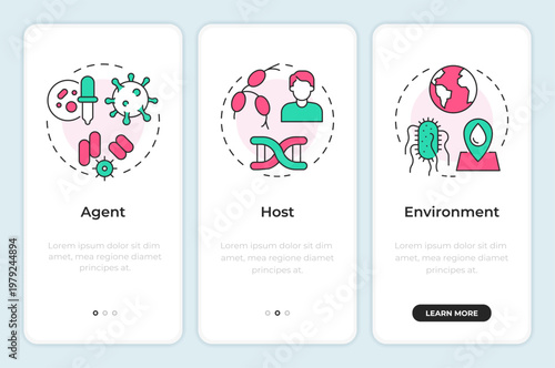 Epidemiologic models onboarding mobile app screen. Infection research. Walkthrough 3 steps editable graphic instructions with linear concepts. UI, UX, GUI. Montserrat SemiBold, Regular fonts used