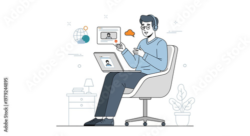 Man in Headphones Video Calling on Laptop, Remote Work Concept