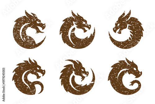 Textured dragon head profiles in circular shapes weathered look ancient mythical creature symbol set.