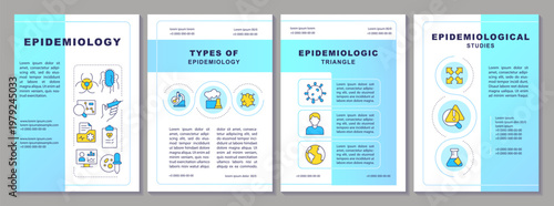 Epidemiology brochure layout. Health problems, infectious diseases. Statistical data. Leaflet advertising design with color line icons. Editable 4 pages. Arial-Black, Myriad Pro-Regular fonts used