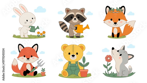 A collection of stylized farm animals with vivid colors and playful designs isolated on transparent background