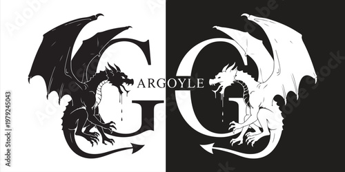 A black gargoyle on a white background and a white gargoyle on a black background, with matching typography.