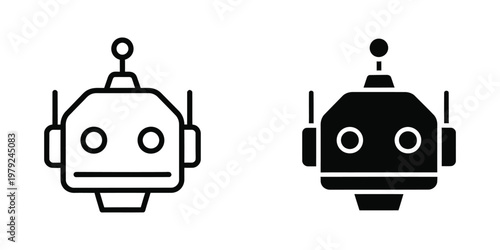 Contrasting styles of robotic faces depicted in black and white line art