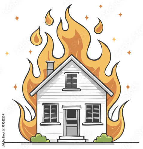Burning House Illustration, Fire engulfs building, Home Safety Concept, Danger, Hazard, Loss, Insurance, Crisis, Disaster, Property Damage Vector
