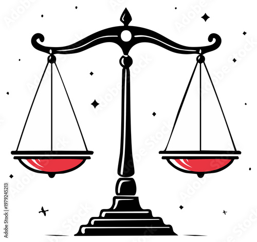 Scales of justice balanced with red liquid inside representing legality and fairness concept