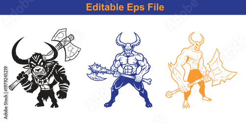 Demon vector drawings for tattoo or t-shirt design multiple colors demon with horns and axe vector art.